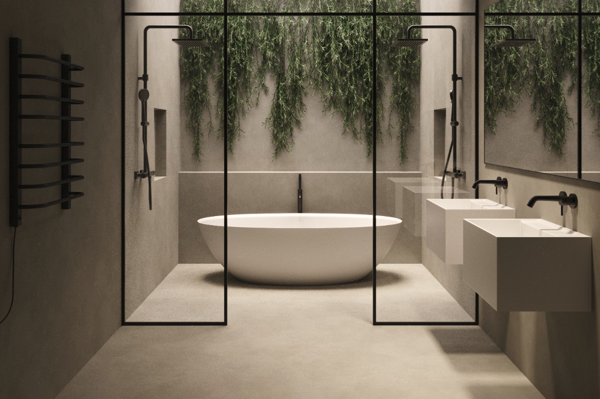 Banheira em ambiente contemporâneo com iluminação natural e design sofisticado.